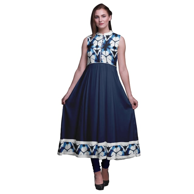 Bimba Kurti Longue Indigo Bleu Shibori Indienne pour Femmes Tenue de Fête Imprimée Sans Manches Robe Anarkali Kurti X-Small