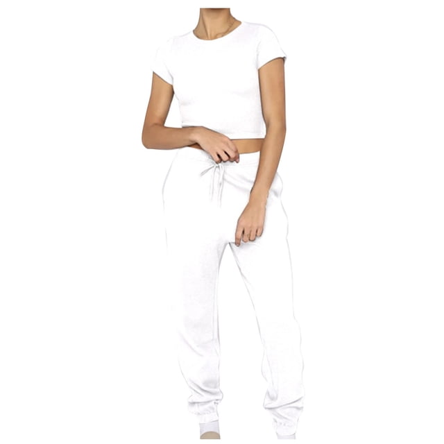 Yuyuzo Ensemble 2 Pcs pour Femme Survêtement Décontracté T-Shirt Court à Manches Courtes Col Ras du Cou Pantalon Jogger Ensembles de Sport