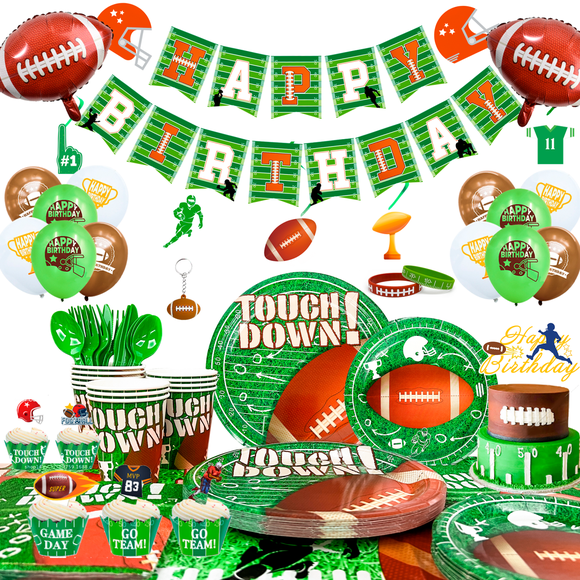 Football Party Supplies, 164pcs Super Bowl Football Party Decorations & Tableware - Green Plates Tablecloth Balloons Etc Super Bowl Party Supplies