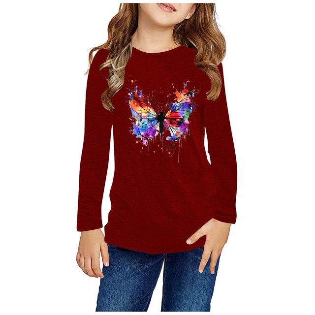 RXIRUCGD Chemises à Manches Longues pour Filles, Col Rond Mignon, Blouses Décontractées Élégantes (Vin, Taille : 7 Ans)