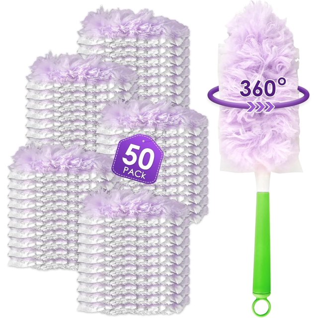 50 Count Feather Duster Refills for Swiffer Dusters Handle, 360 Degree Multi-Surface Duster Refill Kit with 1 Extra Handle, Disposable Dust Removal Brush Heads for Electronics Furniture, Car Interior