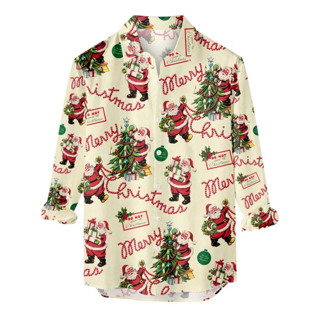 Pompotops Chemise à Manches Longues pour Hommes avec Boutons, Imprimé Père Noël, Col Rabattu, en Solde