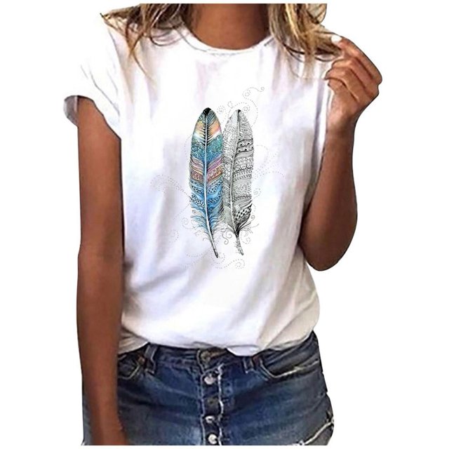 EGNMCR T-Shirts pour Femmes Mode Femmes T-Shirt à Manches Courtes Imprimé Plume Haut Décontracté Tee Blouse