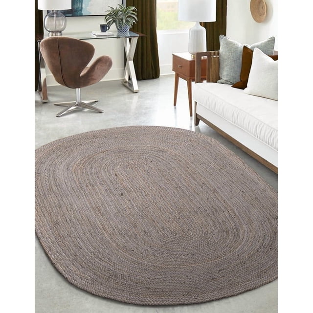 Aizza Trends 9x12 Ft Oval Gray Jute Area Rug, Boho Chic Natural Jute Area Rug - Hand-Braided, Rustic Farmhouse Decor for Living Room Carpet,