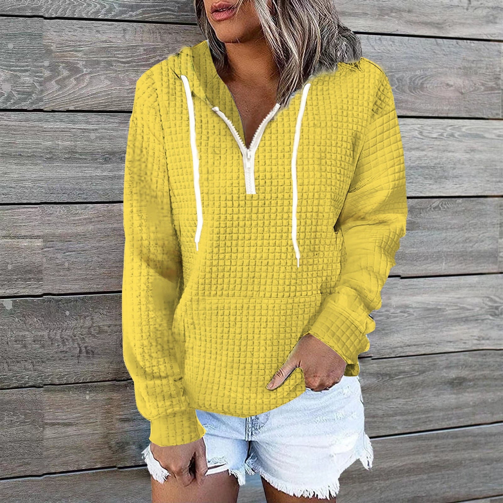 DondPO Essentials Hoodie Hoodies for Women Half Zip Sweatshirts Cropped Hoodies Fleece Womens Quarter Zip Up Pullover Sweaters Fall Outfits Zip Up Hoodie Women Sweatshirt for Women Yellow L