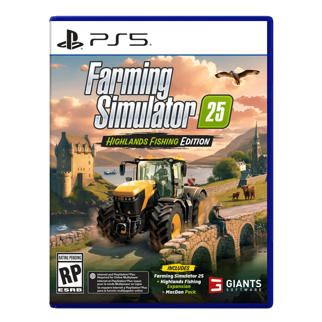 Simulateur d'Agriculture 25 Édition Pêche des Highlands Jeu PS5 Montrant un Tracteur JCB Jaune Traversant un Pont de Pierre dans un Paysage rural d'Inspiration Écossaise avec des Collines Roulantes, un Château, une Église, du Broutage de Bétail des Highlands, un Pêcheur Assis sur le Pont et une Mouette Volante au-Dessus, Mettant l'Accent sur la simulation d'Agriculture et le Jeu d'Aquaculture.