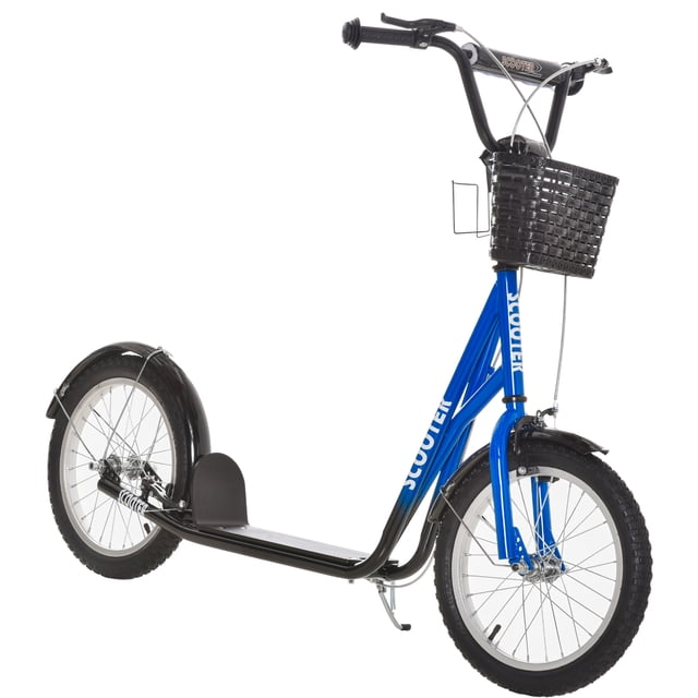 Aosom Kick Scooter for kids, featuring a blue steel frame with an adjustable handlebar, wide textured foot deck, and dual braking system for safety. Includes a black plastic basket and metal cup holder for storage, mud flaps for wet conditions, and a kickstand for convenience. Equipped with large 16-inch inflatable rubber wheels with thick treads for a smooth ride. Suitable for children aged 5-12 years, with a maximum weight capacity of 220 lbs.