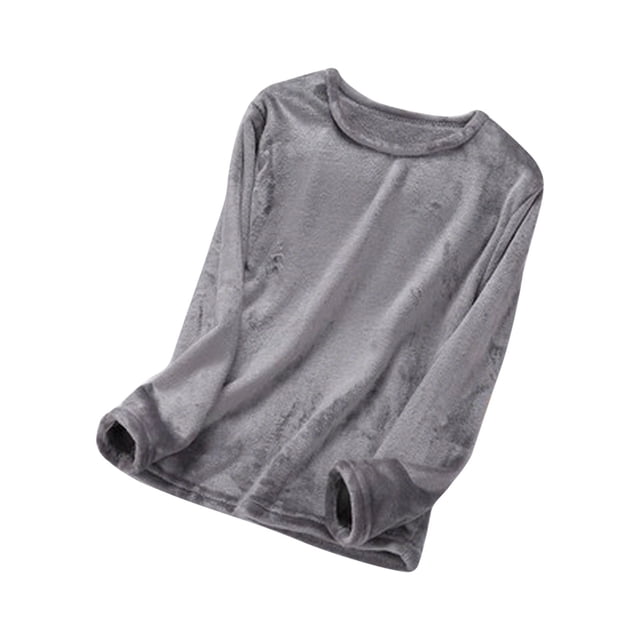 MeetoTime Women's Pajama Tops in a soft fleece material, featuring long sleeves and a round neckline. The solid grey color and cozy design make it ideal for fall and winter home wear, perfect for women's sleepwear and loungewear.