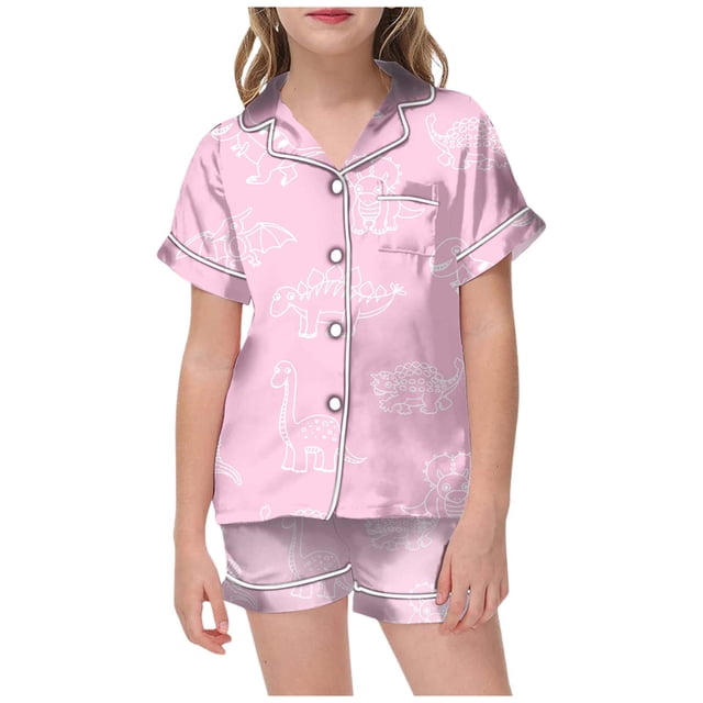 Ensemble de Pyjama en Satin pour Garçons Imprimé Manches Courtes Pyjama à Boutons pour Filles Ensemble de Pyjama Tenue de Nuit pour Filles Pyjama pour Filles Mode Garçons Filles