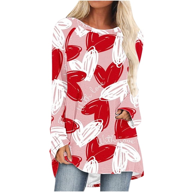 Cameland T-Shirts de la Saint-Valentin pour Femmes Grande Taille à Imprimé de Cœur Hauts de la Saint-Valentin Manches Longues Col Rond Tuniques Blouses