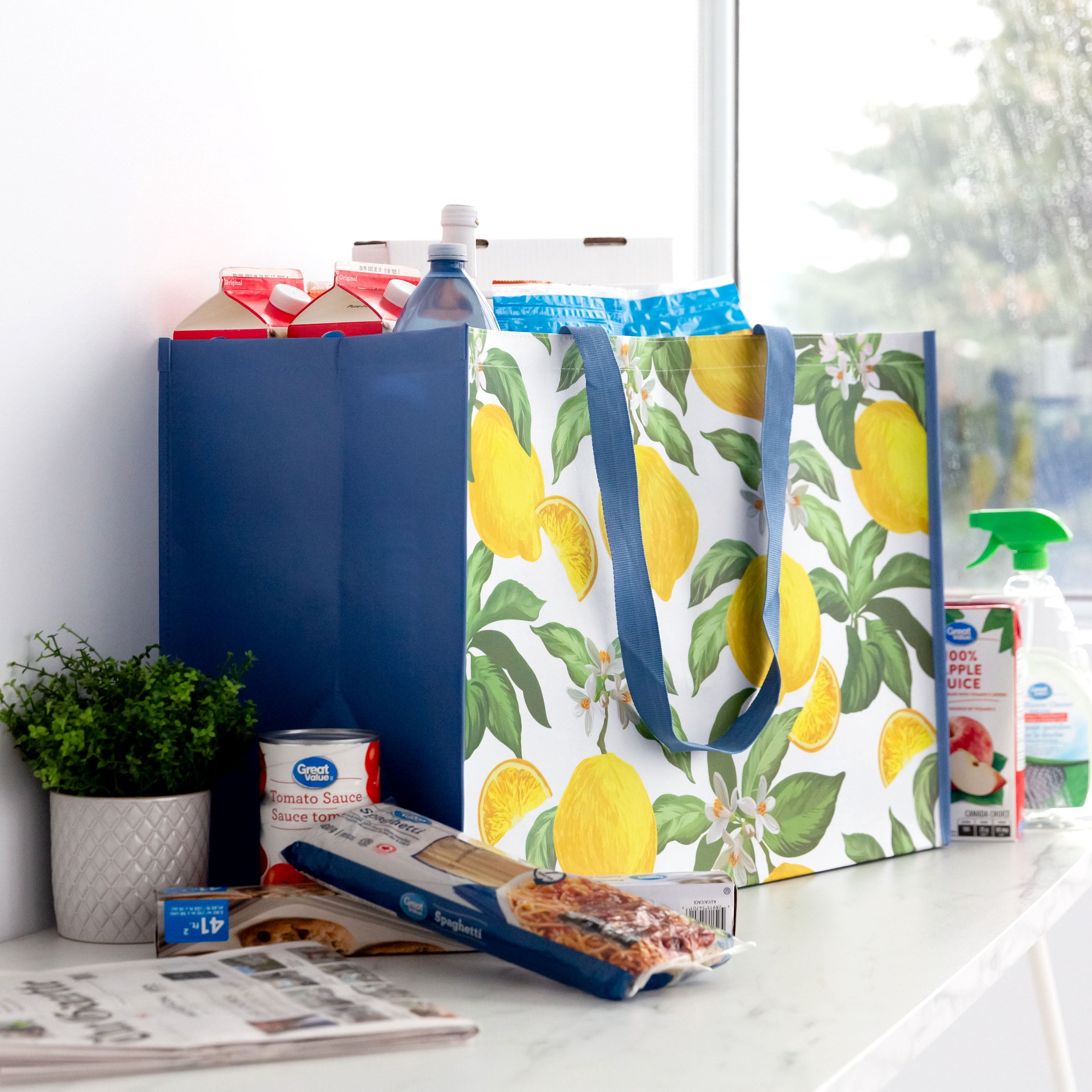 Walmart Sac d’épicerie extra grand réutilisable, sac fourre-tout à doubles poignées, bleu