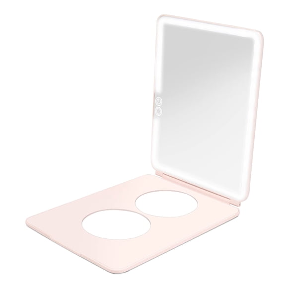 Vanity Planet Handheld Makeup Mirror with Lights, Pose 2.0 (Blush) - Light Up Travel LED Mirror with 3X & 5X Magnification - Dimmable Lighting & Micr