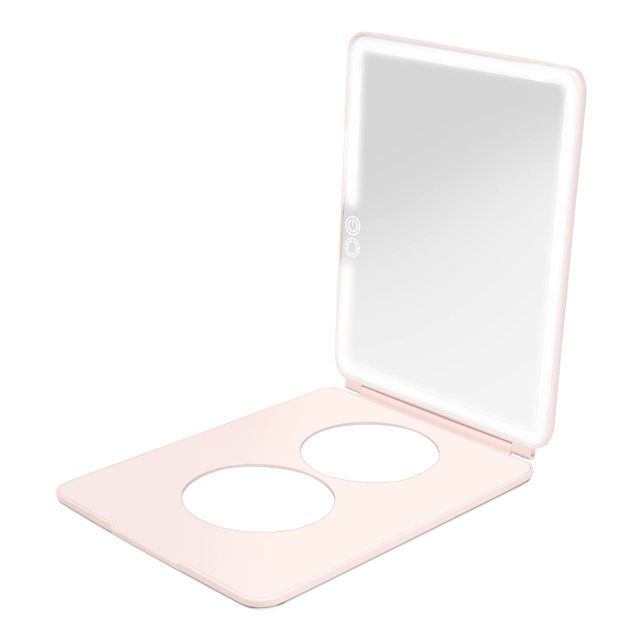 Vanity Planet Handheld Makeup Mirror with Lights, Pose 2.0 (Blush) - Light Up Travel LED Mirror with 3X & 5X Magnification - Dimmable Lighting & Micr