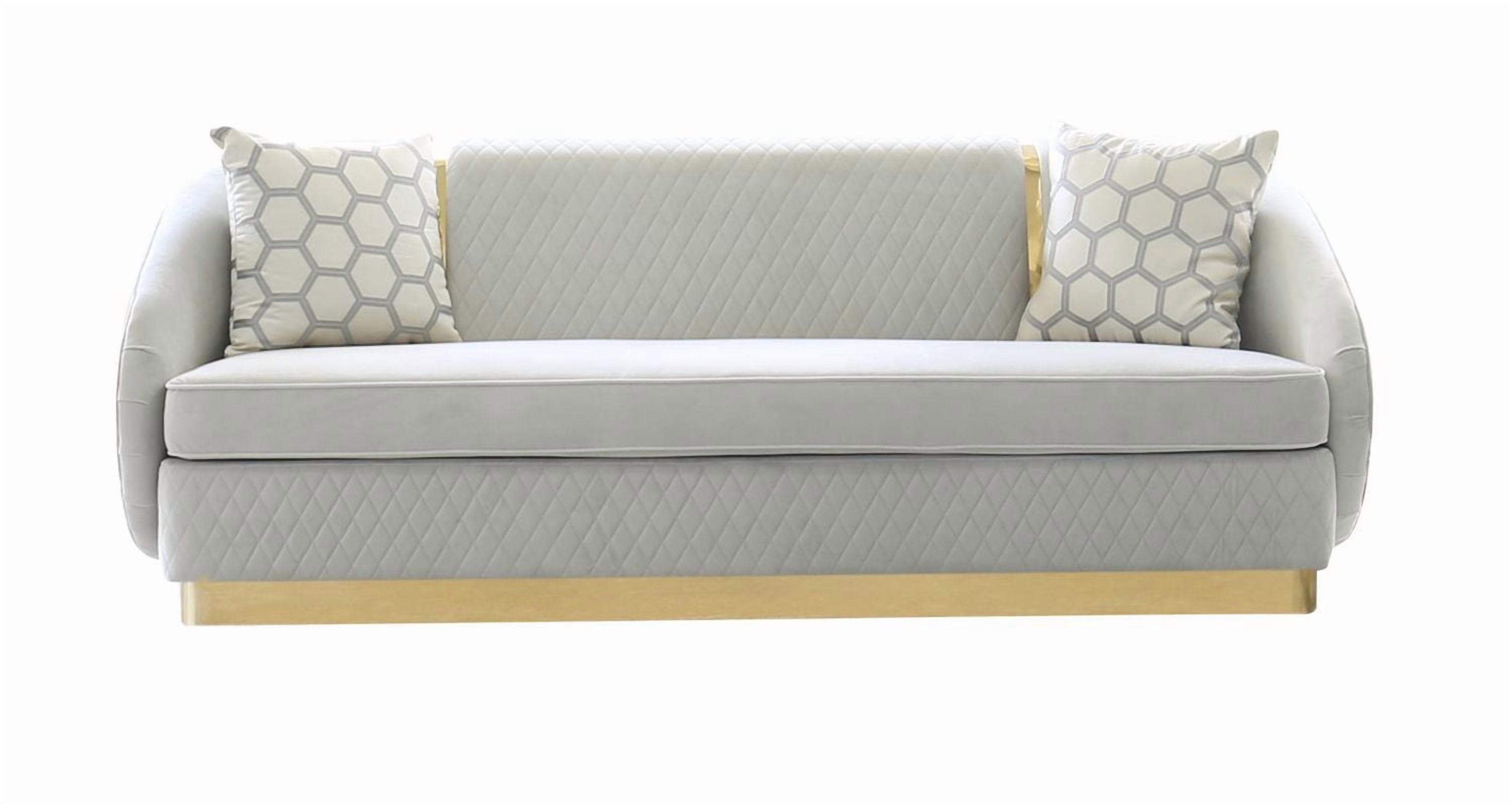 Canapé K-Living Penelope en velours pelucheux gris avec accents dorés et coussins décoratifs