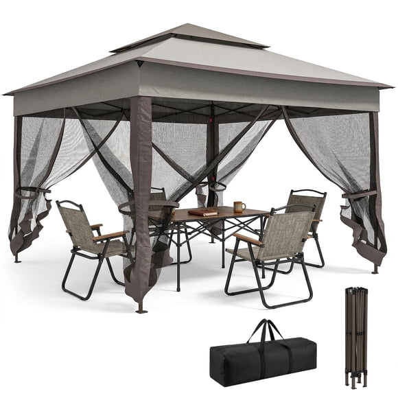 11'x11' Pop Up Canopy 2-Tier Soft Top Gazebo w/ Mesh Netting, Mixed Grey