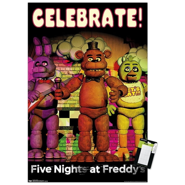 Five Nights at Freddy's - Affiche Murale « Celebrate » Représentant Trois Personnages Animatroniques sur une Scène avec un Mur de Briques et un Fond de Plancher à Carreaux, Texte Audacieux « Celebrate! » Rose et Blanc en Haut, et le Titre du Jeu en Police Blanche Usée en Bas.