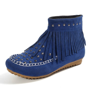 YOUSNH Bottes à Cheville Plates à Franges pour Femmes en Suède, Chaussures Bottes à Franges, Bout Rond, à Enfiler, Bottillons Courts Habillés, Style Western, Franges, Cowboy, Talon Bas, Bottillon, Bottes pour Femmes, Bleu_001 7