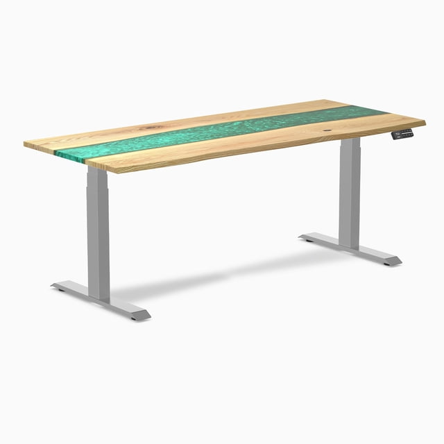 Desky Bureau Assis-Debout en Bois Dur à Résine Double - Frêne Blanc Rivière Émeraude / 72 x 30 Pouces / Gris
