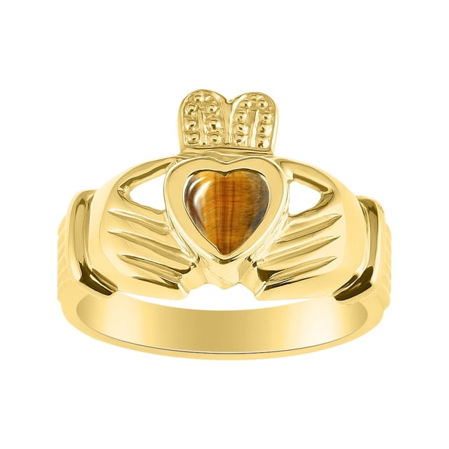 RYLOS Rings Gold Plated Silver Claddah Love, Loyalty & Friendship Heart 6MM Gem Irish Wedding Band Claddagh Rings Tiger Eye Jewelry Size 11