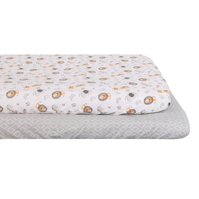 George Baby 2-Pack Mini Fitted Crib Sheets including one white sheet with orange and grey animal prints of lions and giraffes, and one grey sheet with a white diamond pattern, both made of soft 100% cotton and sized to fit standard mini crib mattresses, perfect for nursery bedding refresh.