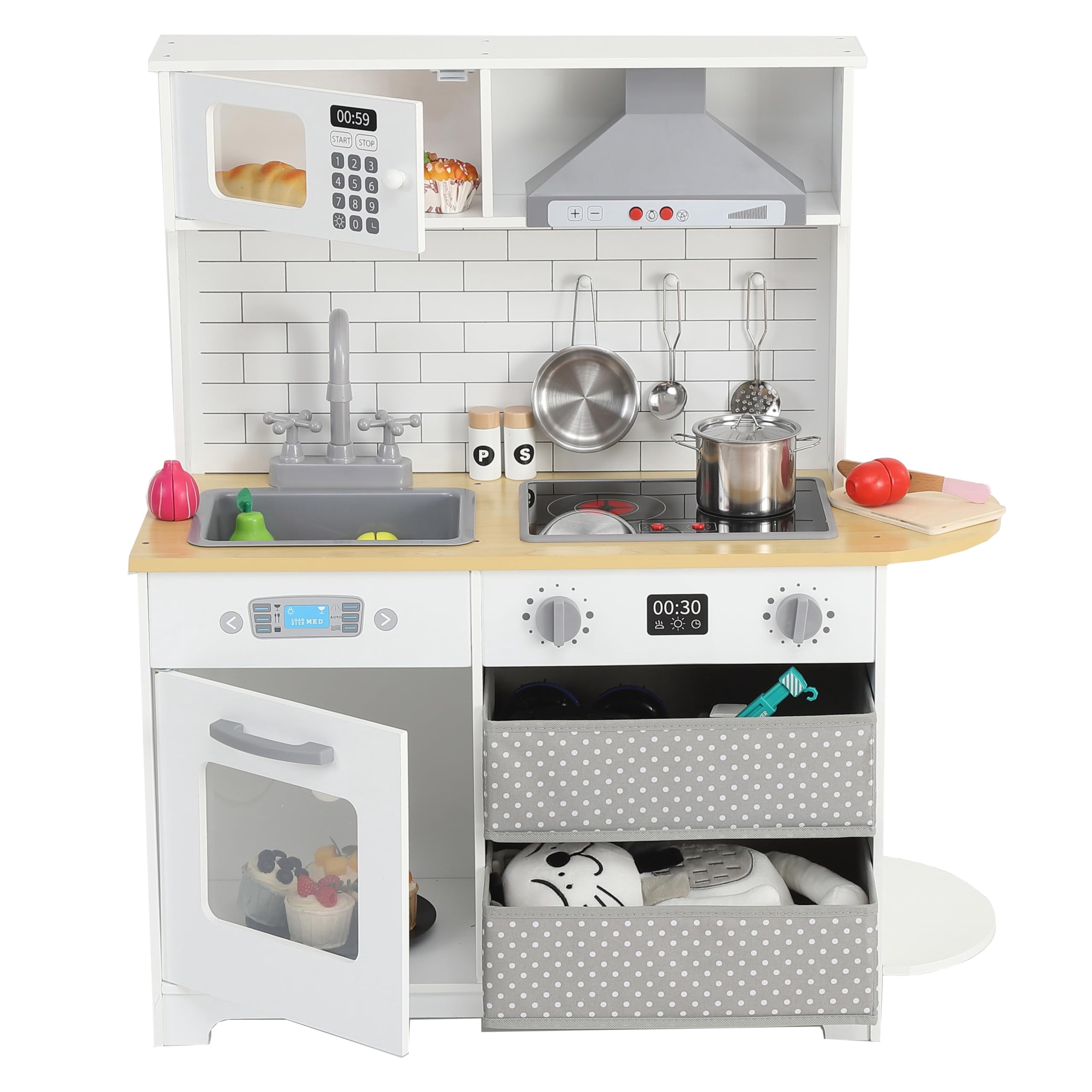 Yiwa Play Kitchen for Kids - Wooden Kitchen Toy Playset with Stove, Oven, Sink, 17 Pcs Toy Food & Cookware Accessories, and 2 Fabric Drawers for Toddlers Age 3+ Years, White