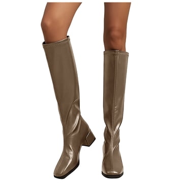 Dakaela Bottes Hauteur Genou pour Femmes Bout Carré Talon Épais Automne Longues Hautes Bottes Cuir Fermeture Éclair Mode Hiver Bottes Habillées Kaki 6.5