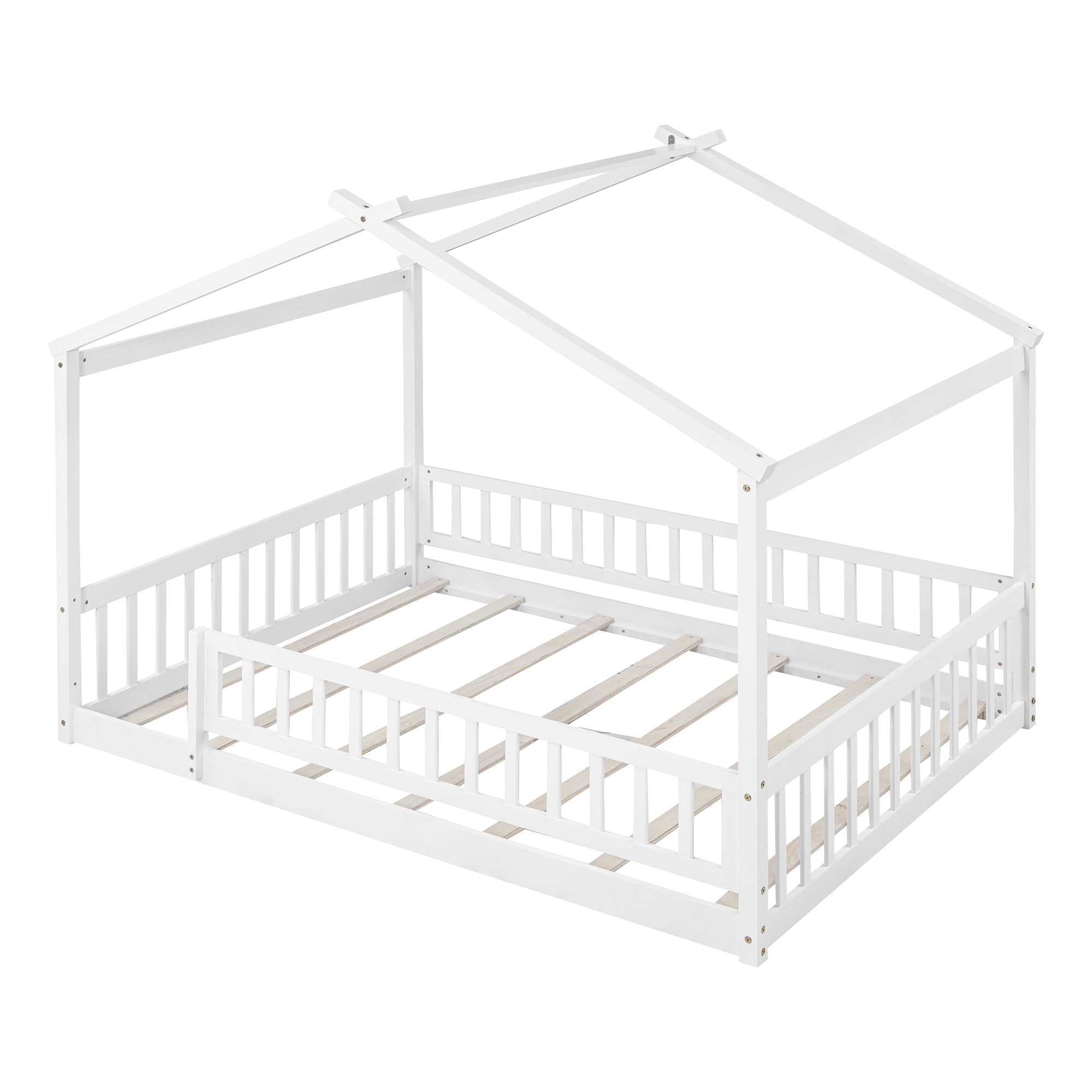 Cadre de lit cabane en bois Noble House pour lit double avec clôture, blanc