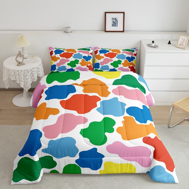 YST Colorful Cow Print Comforter 3pcs Rainbow Cow Bedding Cute Farm Animal Themed Decor Bedding Sets & Collections Multicolor Geometric Design Down Comforter Full Western Cowboys Bedroom Set