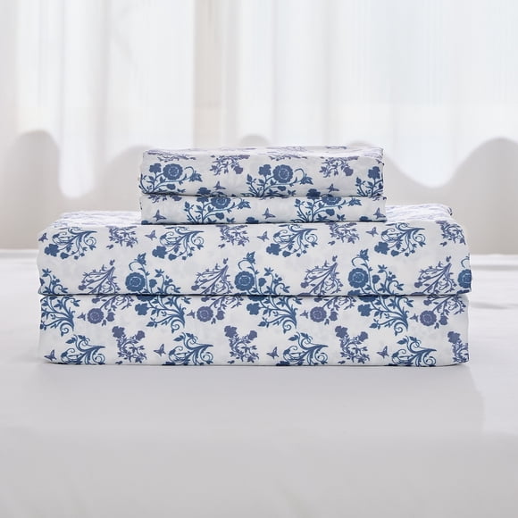 Gogreen 4PC Deep Pocket California King Sheet Set Fit 14", Breathable Microfiber Soft California King Size Sheet Set, Hotel Style Bed Sheet Set, Gift for Women, Men - Blue Flowers
