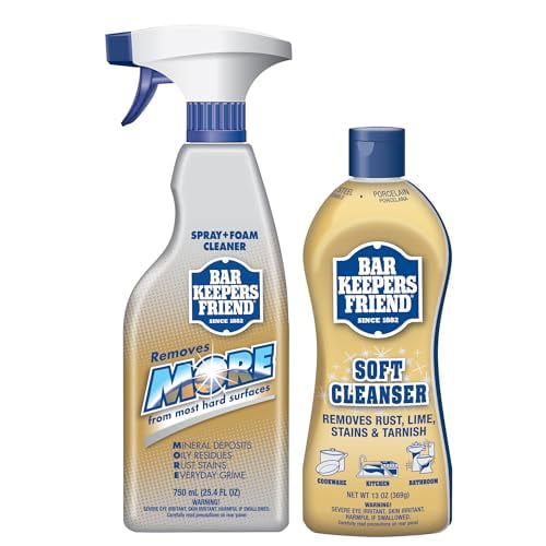 Bar Keepers Friend Soft Cleanser (13 oz) and MORE Spray + Foam (25.4 oz) Multipurpose Cleaner Bundle. The Soft Cleanser is a thick, pre-mixed formula designed to remove stains, rust, and grime from surfaces like porcelain, stainless steel, and tile. The MORE Spray + Foam cleaner offers dual spray and foam settings for versatile cleaning of horizontal and vertical surfaces, including countertops, tubs, and sinks. Both products are safe for septic systems and effective on a variety of materials, making them ideal for bathroom, kitchen, and outdoor cleaning.