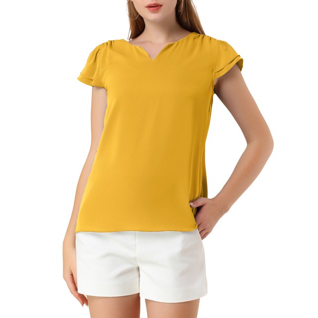 INSPIRE CHIC Women's Solid V Neck Cap Short Sleeves Work Blouse