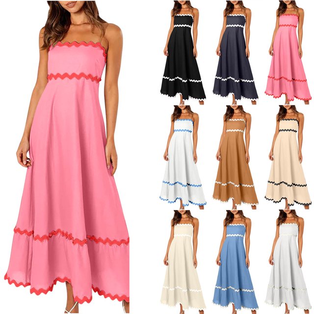 CEHVOM Robe Midi à Rayures Spaghetti pour Femme 2024 Été, Robe d'Été Sans Manches Dos Nu Fluide à Smocks en Dentelle Évasée Ligne A Robe Midi