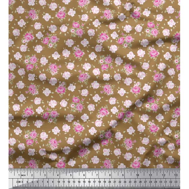 Soimoi Tissu Crêpe polyester Feuilles & Roses Imprimé Floral 1 Yard 52 Pouces de Large