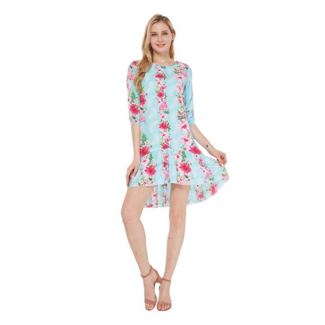 Hawaiian Manches 3/4 Sirène Tunique Robe L Rose Turquoise Hibiscus Vigne des Femmes