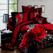 EastVita 4 PCS 3D Big Red Rose Floral Bedding Sets Wedding Duvet Cover Sheet Pillow Cases Bed Set