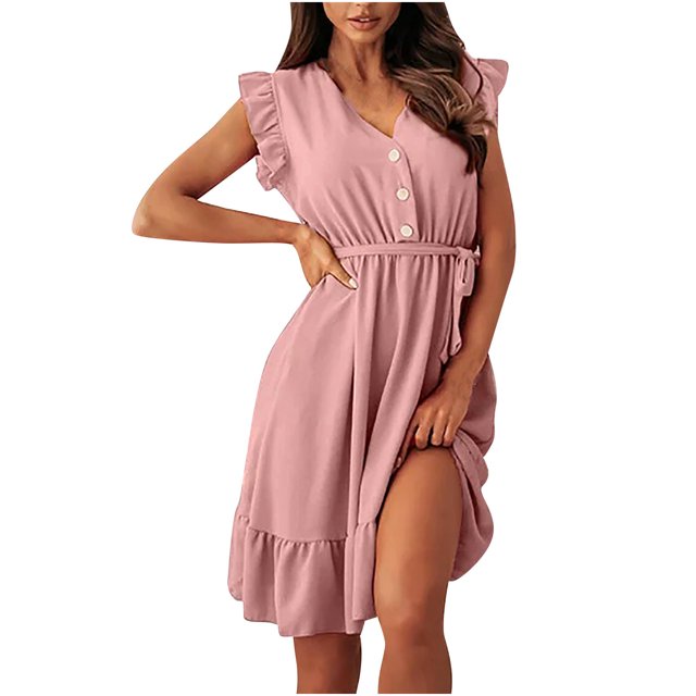 Fridja Robe Courte Décorative Sans Manches à Col en V avec Ceinture pour Femme