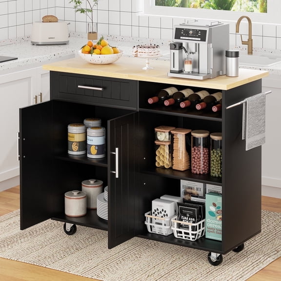 Walsunny 42" Kitchen Island Cart with Storage,Rolling Kitchen Island Side Table on Wheels with Large Worktop,Storage Cabinet,Towel Rack and Drawers,Black
