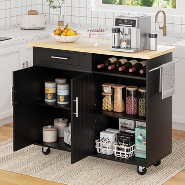 Walsunny 42" Kitchen Island Cart with Storage,Rolling Kitchen Island Side Table on Wheels with Large Worktop,Storage Cabinet,Towel Rack and Drawers,Black