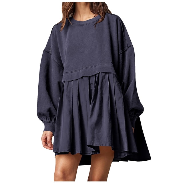Pisexur Robe Chandail Surdimensionnée pour Femmes, Col Rond, Manches Longues, Patchwork, Robe d'Automne, Chandail à Enfiler, Hauts Amples et Fluides, Robe Chandail, Mini-Robe
