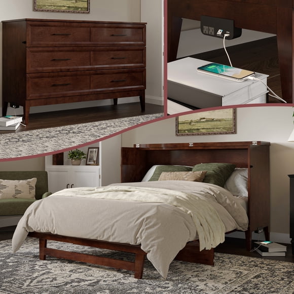 Santa Fe Lit Escamotable Coffre en Bois Format Grand avec Matelas et Chargeur Intégré, Noyer