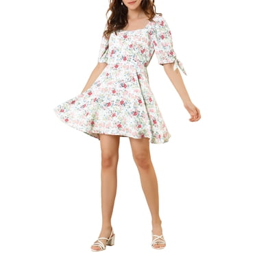 Unique Bargains Junior's Sweetheart Neck Floral Puff Sleeve A-Line Mini Dress