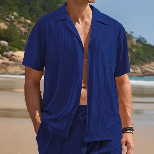 EOYWHK Mens Short Sleeve Shirt Lightweight Button Down Cardigan Solid Color Summer Hawaiian Shirt with Pockets