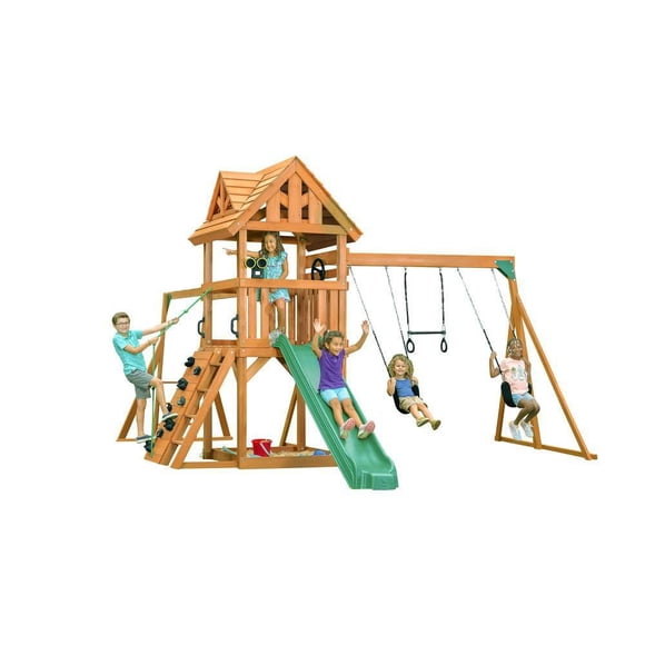 Creative Cedar Designs Mountain View Lodge Ensemble de jeu en bois avec paroi rocheuse, toboggan et balançoires (vert)