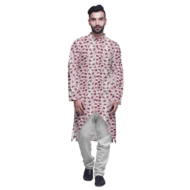 Atasi Button Down Asymmetrical Kurta For Men Printed Mandarin Long Sleeve Shirt