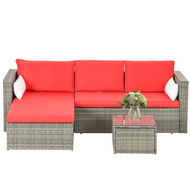 Outsunny Ensemble de Mobilier de Patio 3 Pcs, Ensemble de conversation Extérieur Moderne avec design en Rotin Osier et Cadre en Acier Galvanisé. Comprend un sofa double, un sofa d'Angle et une table Basse avec des Coussins Remplis de Coton Rouges et des Housses à Fermeture Éclair. Idéal pour patios, Terrasses et Cours Arrière.