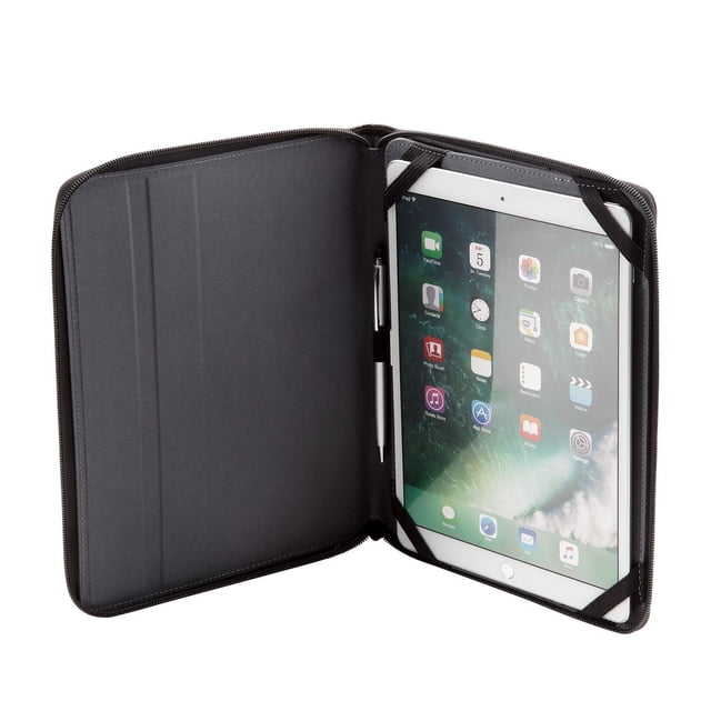 onn. 9 in./10 in. Tablet Universal Folio Case open with a white tablet secured by black elastic corner straps on the right side, showing app icons on the screen, and a silver stylus held in a pen loop on the inner spine, featuring a soft black suede lining and a black zippered exterior, ideal for protecting most 9 to 10-inch tablets.