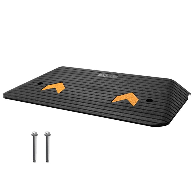 VEVOR Upgraded Rubber Threshold Ramp with a 3-inch rise, designed for mobility aids like wheelchairs and scooters. Features a non-slip textured surface, a single channel for cable management, and beveled edges for smooth transitions. Made of durable natural rubber, it supports up to 33069 lbs and includes screw grooves for secure installation. Suitable for curbs, doorways, and uneven surfaces. Includes two expansion screws.