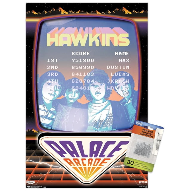 Netflix Stranger Things : Saison 2 - Affiche Murale d'Arcade de Palais, 22,375 Po x 34 Po, Représentant un Écran de Jeu d'Arcade Rétro avec des « Hawkins » en Lettres Audacieuses et une Liste de Pointage Élevée Incluant Max, Dustin et Lucas. l'Affiche Présente un logo « Palace Arcade » Coloré et Comprend 30 Punaises Adhésives Transparentes pour une Suspension Facile, Sans Dommages, Convient à la Déco de la Maison Ou aux Événements à Thème.