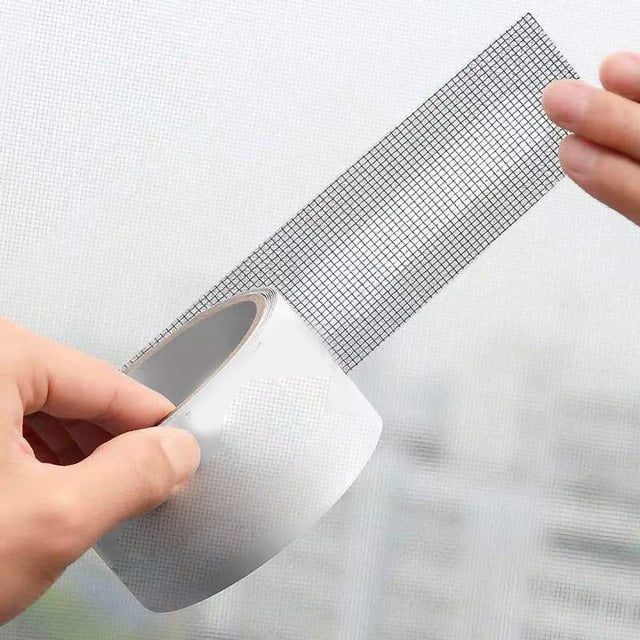 Window Screen Repair Tape with fine mesh design, shown being applied to a screen door. The self-adhesive polyurethane material allows for free cutting to fit various hole sizes, ensuring ventilation and durability.