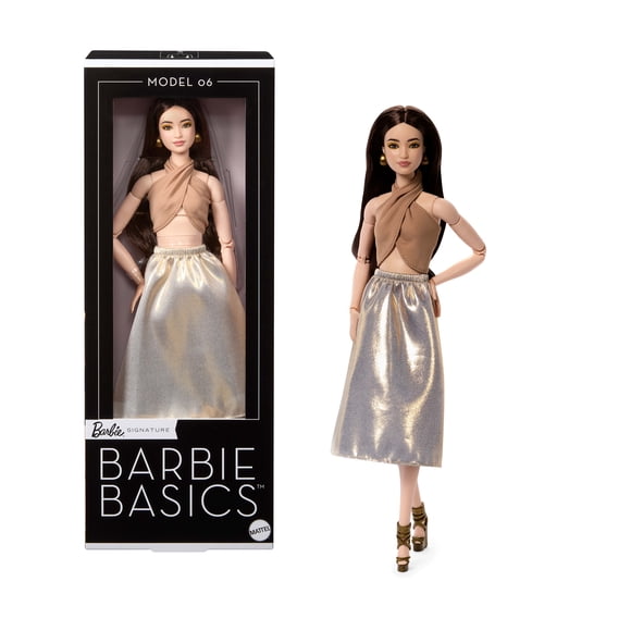 Barbie Poupée Barbie Basics Modèle 06-cheveux bruns et habits dorés